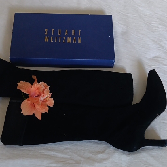 Stuart Weitzman Black Heeled Boots.Black Stretch Suade. - Picture 9 of 12